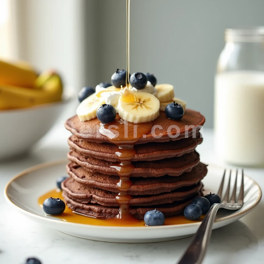 Stack of chocolate banana whey protein pancakes topped with Greek yogurt, fresh fruit, and maple syrup - perfect whey protein recipe for muscle gain after morning workouts.
