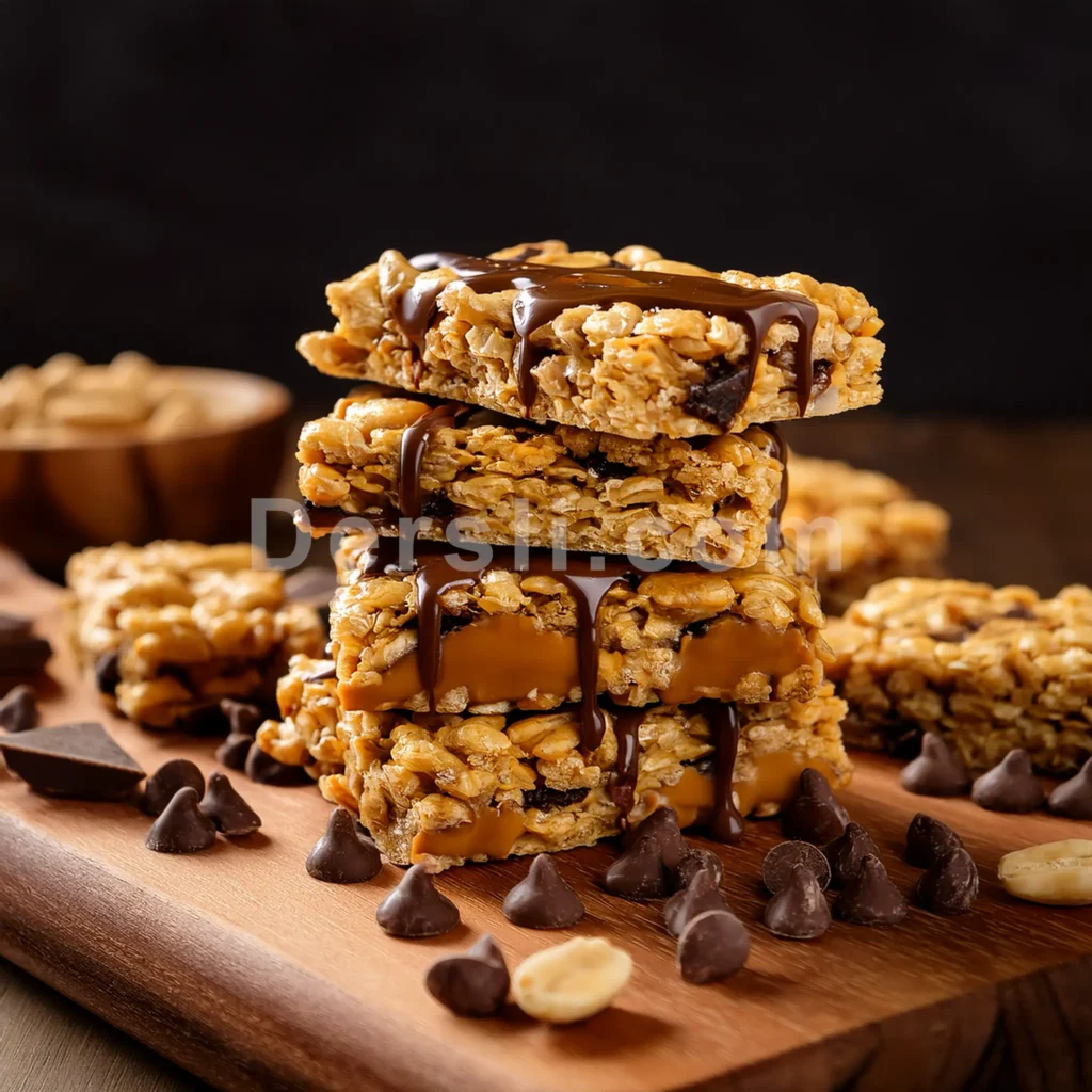 Homemade peanut butter chocolate chip whey protein bars with visible layers of oats, peanut butter, and melted chocolate.