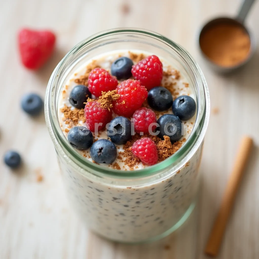 Protein-packed overnight oats with whey protein, fresh berries, and chia seeds - a perfect make-ahead weight loss breakfast recipe for busy mornings.