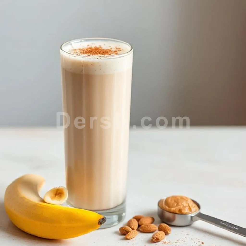 Classic Fat-Burner Shake made with vanilla whey protein, almond milk, banana, and cinnamon in a glass with almond butter and ingredients nearby.