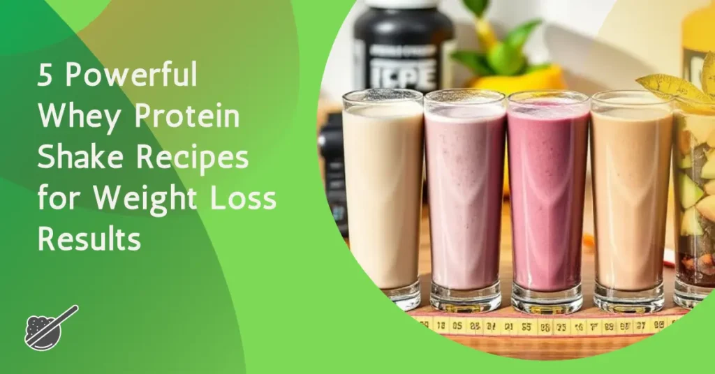 Collection of five whey protein shake recipes for weight loss in different colors and styles, displayed with fitness accessories and protein powder in morning light.