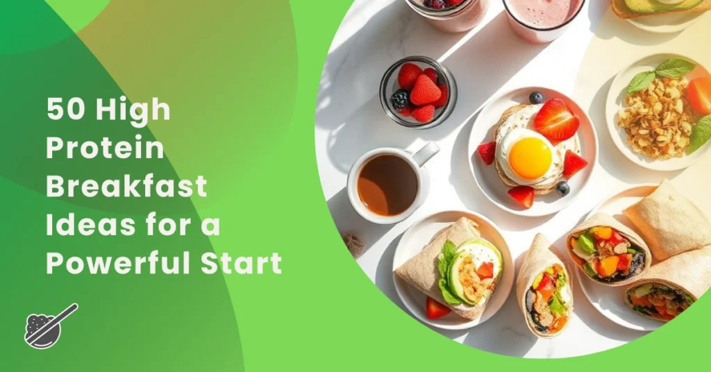 A mouthwatering spread of six high protein breakfast ideas including overnight oats, protein smoothie, avocado egg toast, Greek yogurt parfait, egg muffins, and a breakfast burrito - perfect inspiration for nutritious morning meals.