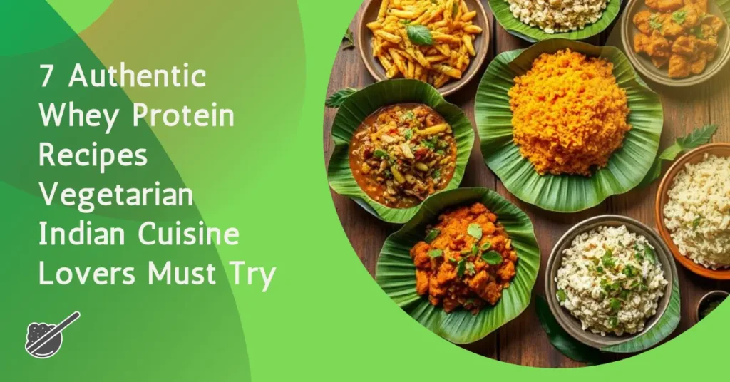 Collection of seven authentic whey protein recipes vegetarian Indian cuisine - featuring protein dosa, curry, and traditional dishes enhanced with high-quality whey protein for fitness-focused vegetarians.