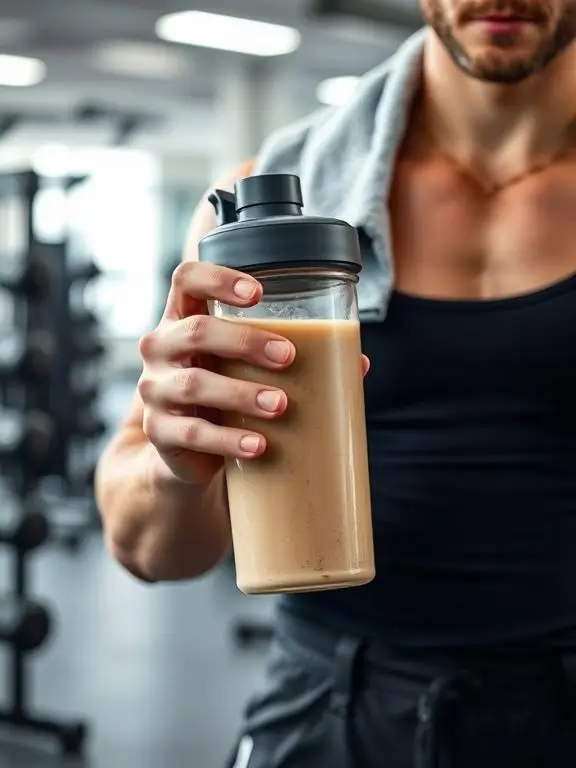 Post-exercise shakes with whey protein recipes in gym setting showing recovery drinks