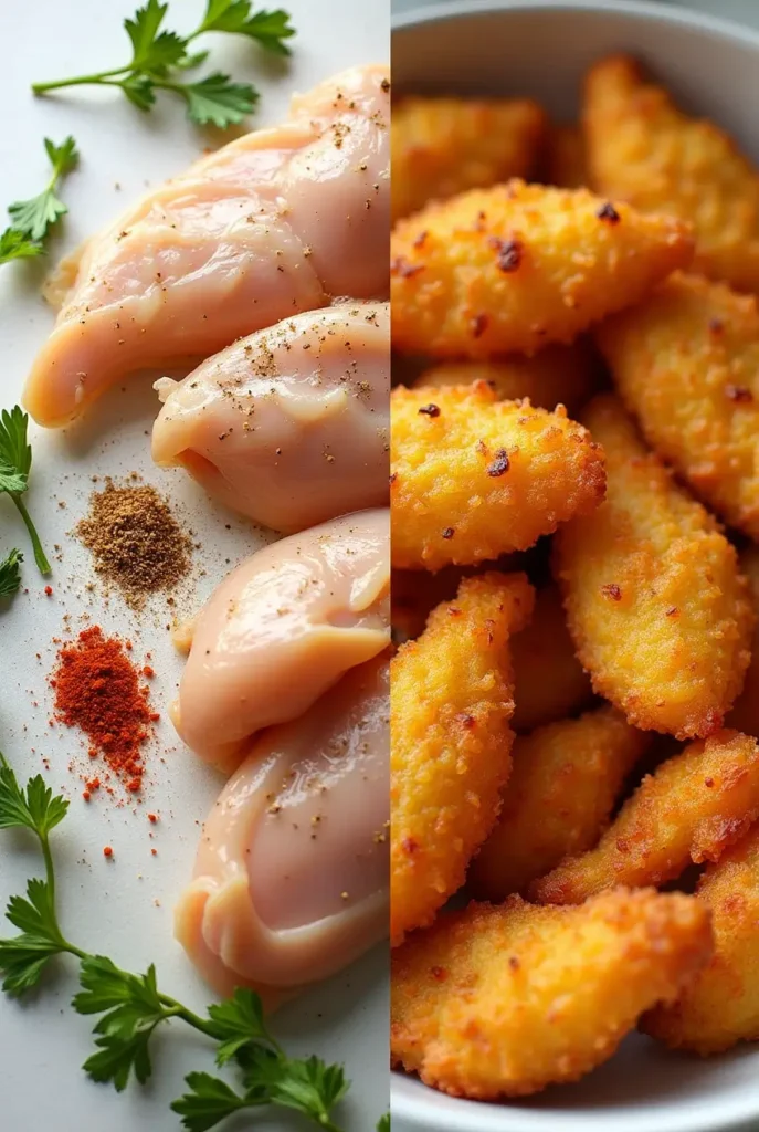 Before and after transformation showing raw ingredients becoming perfectly crispy best air fryer recipes with golden-brown results