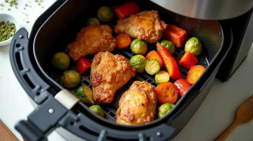 Best air fryer recipes featuring crispy chicken thighs and roasted vegetables cooked to golden perfection in an air fryer basket