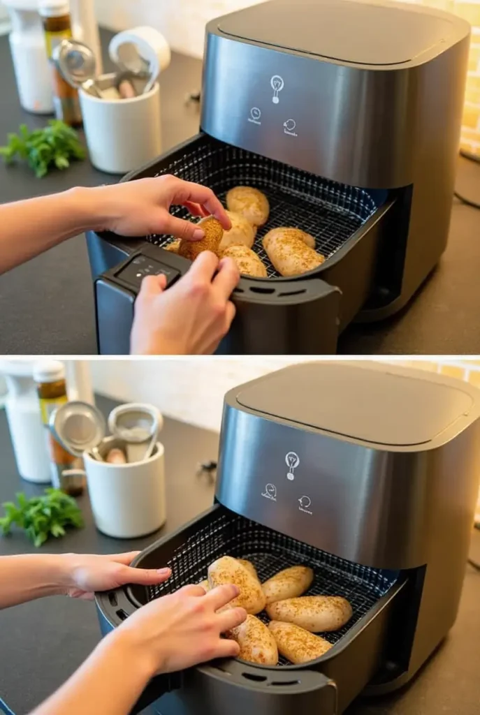 Step-by-step preparation of best air fryer recipes showing seasoned chicken being placed in air fryer basket for crispy cooking