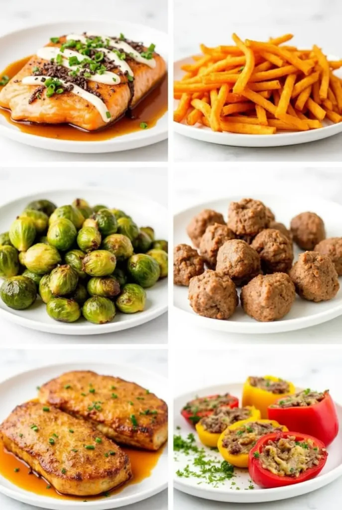 Collection of the best air fryer recipes including salmon, sweet potato fries, meatballs, and stuffed peppers showing crispy, golden results