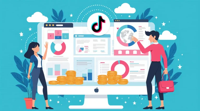 TikTok tools to earn money illustration with analytics and coins