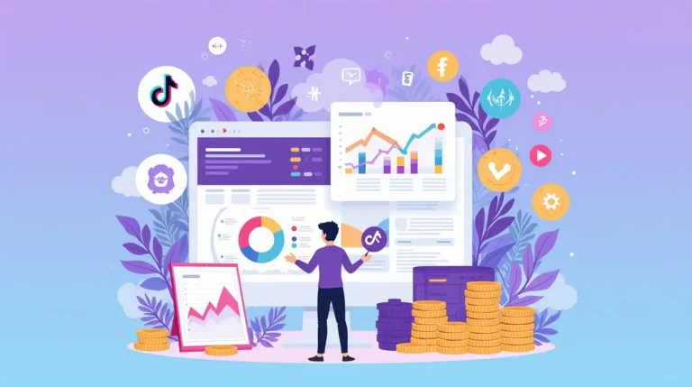 TikTok ad hacks illustration with campaign charts and coins